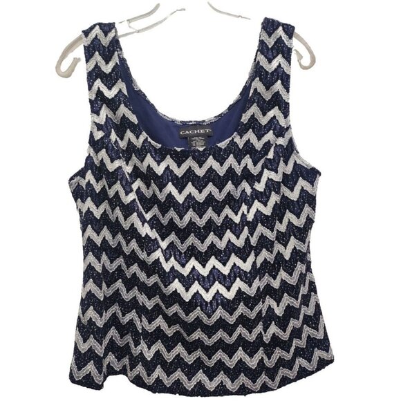 Cachet Womens Navy Silver Chevron Tank Top Size 16W Metallic Stretch Evening - Picture 1 of 8